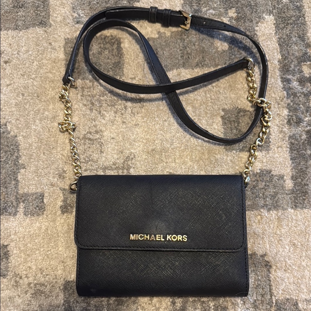 Michael Kors Black and Gold Crossbody Bag with Chain Detail